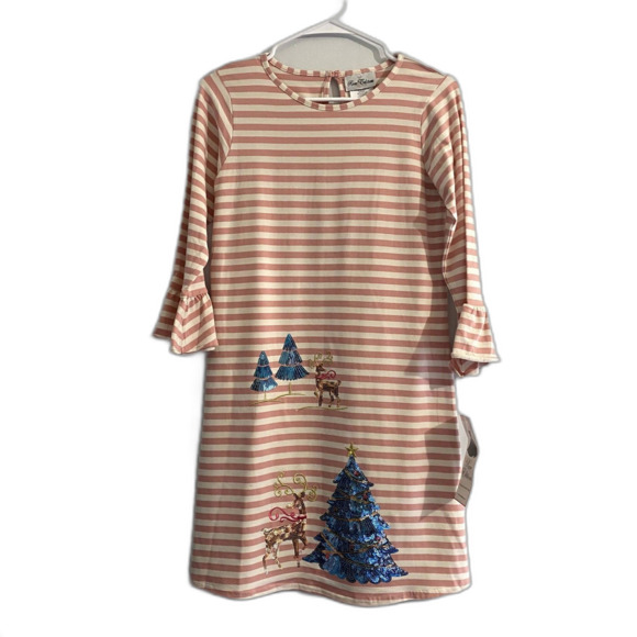 NWT Rare Editions Christmas Holiday Dress Pink Stripe Sequins Size 16 - Picture 1 of 8